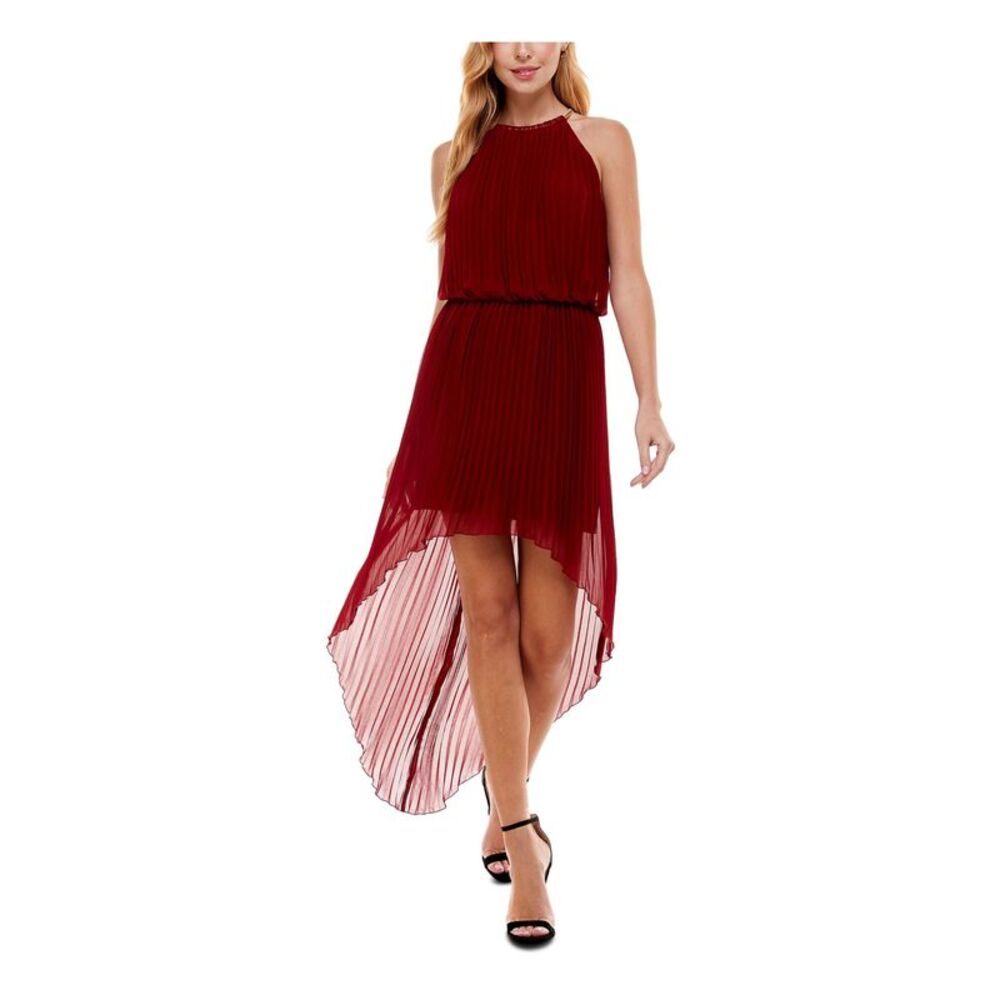 NWT CITY STUDIO Womens Maxi Dress Burgundy NeckTrim High-low Hemline Juniors S